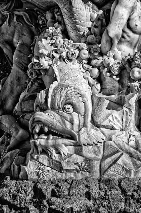 Black and white. Naples dragon fountain.